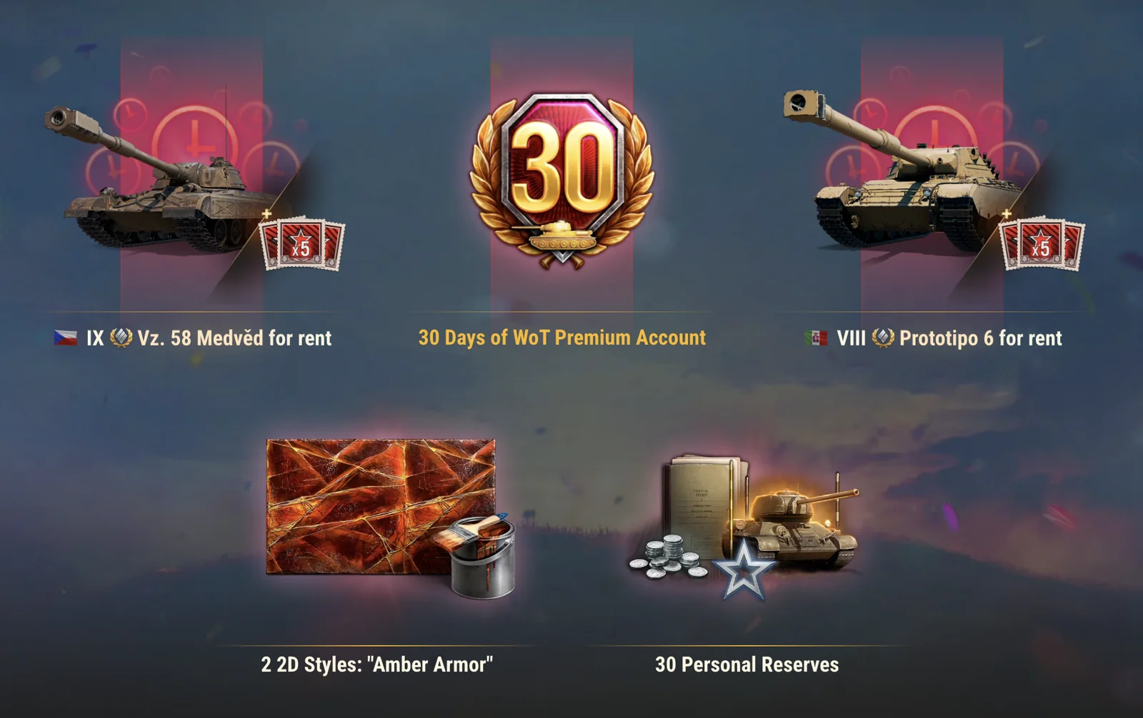Welcome-back rewards for players inactive for 60 days or longer: Vz. 58 Medvěd and Prototipo 6 rentals, 30 days of WoT Premium, two Amber Armor styles, and 30 Personal Reserves